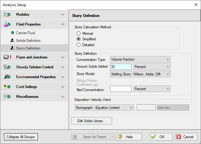 The Slurry Definition Panel in Analysis Setup for the Slurry with Variable Fluid Properties example.